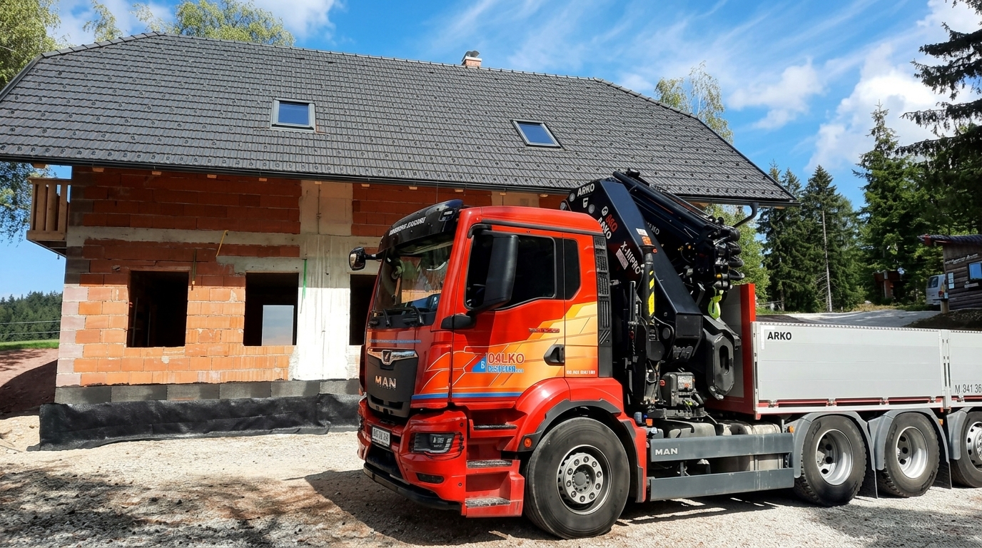 Gradbišče s tovornjakom in dvigalom